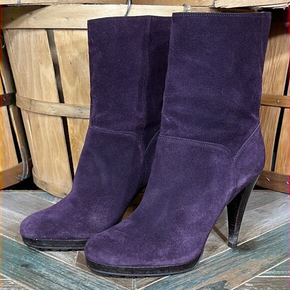 Cole Haan Air Purple Suede Platform Heeled Pump Pull-On Mid Calf Boots Women 8.5 - Picture 3 of 13